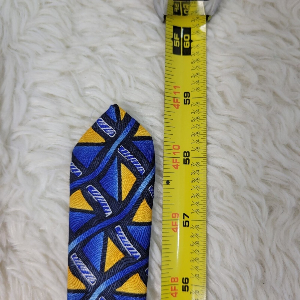 Vintage 90's Silk Necktie Men's Foulard Fence Patrern Blue & Yellow Geometric - Picture 8 of 8